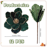 12 Pcs Christmas Velvet Poinsettia Flowers Ornaments, Glitter Artificial Magnolia For Xmas Tree Decorations (Dark Green, 8.8 Inch)