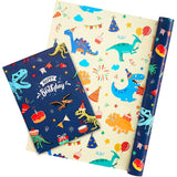 Dinosaur Reversible Wrapping Paper Roll - 1 Roll 17”X 9.84 Ft Happy Birthday Dinosaur Wrapping Paper For Boys Birthday Gift Packing Supply Baby Dino Decor Favor