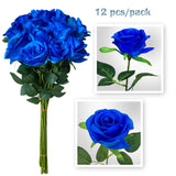 12 Pcs Rose Artificial Silk Flowers, Fake Roses With Long Stems Realistic Faux Rose Flower Bouquets For Home Wedding Decoration Party-Sapphire Blue