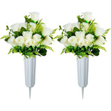 Artificial Cemetery Flowers, Set Of 2 Artificial Rose Bouquet Grave Memorial Flowers With Vase For Cemetery Headstones Decoration (White)