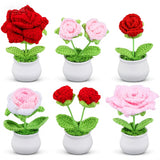 6Pcs Knitting Crochet Flowers Potted Plants, Crochet Flowers Artificial,Small Potted Knitted Home Office Decor Mothers Day Valentines Day Birthday Gifts