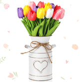 19 Pcs Spring Easter Centerpieces For Tables Home Office Decoration 18 Fake Artificial Tulip Flower Faux Real Touch Pu Bouquet With 1 Metal Pot Vase For Wedding Baby Shower(Bright Color)