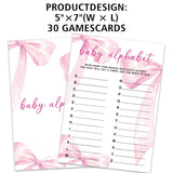Baby Alphabet Game Cards For Baby Shower Games Activity, 30 Pink Bow Baby Shower Game Cards, Gender Reveal Party Games Supplies & Activities -P05
