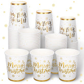 50Pcs Gold Foil Christmas Paper Cups 9 Oz Disposable Coffee Cups Xmas Holiday Party Cups For Hot Cold Beverage Party Supplies