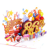 3D Pop Up Happy 86Th Birthday Card – Red Design With Glitter Numbers, Balloons, Cakes & Gifts – Unique Bday Card For Dad, Mom, Husband, Wife, Man Or Woman – 5" X 7"