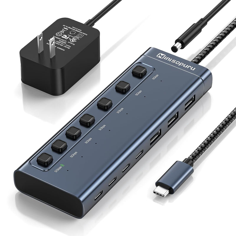 Powered Usb Hub,7 In1 Powered Usb C Hub With 3 Usba 3.0 Data Ports And 4 Usb C