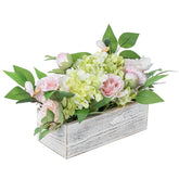 MyGift Artificial Floral Arrangement with Faux Pink Peonies, Green Hydrangea and Foliage in White Washed Solid Wood Planter Box, Tabletop Flower Centerpiece for Home Decor, Wedding, Events