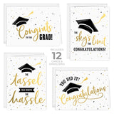 Graduation Cards / 12 Black And Matte Gold Cards With White Envelopes / 4 Black And Faux Gold Graduate Designs / 4 5/8" X 6 1/4" Congrats Grad Greeting Cards/Made In The Usa