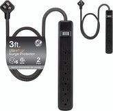 2 Pack Surge Protector Power Strip 6 Outlets 3FT Flat Plug Braided Extension Cord 450J Black