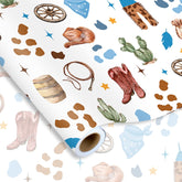 Little Cowboy Wrapping Paper -Mini Roll- 17 Inch X 32.8Ft Blue Brown Cowboy Hat Clothes Cactus Gift Wrap Art Paper For Western Birthday Baby Shower Supplies