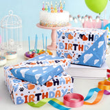 Reversible Happy Birthday Wrapping Paper - 8 Sheets | Blue & Orange Dog Paw Design + Sky-White Clouds Pattern Gift Wrap Paper For Kids’ Birthdays, Baby Showers & Holiday Greetings 19.7" X 27.6"