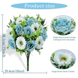 Artificial Cemetery Flowers, Artificial Silk Blue Rose Gerbera Flowers Bouquet For Grave Decoration, Set Of 2 Spring Memorial Flowers With Vase