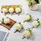 20 Pcs Rose Wrist Corsage And Boutonniere Set Flower Wrist Corsage Wristlet Band Bracelet Bridegroom Men'S Boutonniere Wedding Wristlet Hand Flower For Prom Party Bouquets (White)