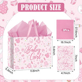 Pink Baby Girl Gift Bag Set With Greeting Card Tissue Paper Pink Baby Shower Wrapping Paper Bag For Girls Birthday Party Decorations Gender Reveal Newborn Welcome Baby Girls Gift Wrap Supplies