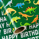 Reversible Dinosaur Wrapping Paper - Mini Roll - 17 Inch X 16.5 Feet - Green Dinosaur And Happy Birthday Wrapping Paper For Girl Kids Boy Birthday, Baby Shower