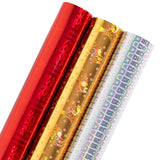 Holographic Foil Wrapping Paper - Mini Roll - Red Snowflake/Gold Bell/Silver Blocks For Christmas, Holiday, Birthday - 17 X 120 Inches - 3 Rolls (42.5 Sq.Ft.Ttl.)