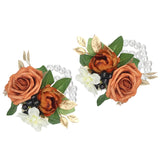 2Pcs Terracotta Wrist Corsage Artificial Flower Corsage For Fall Wedding Homecoming Prom Burnt Orange Bracelet Boho Wrist Flowers Bride Bridesmaid Flower Accessories