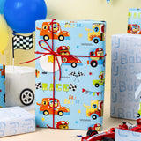 Blue Cars Wrapping Paper Rolls, Reversible Animal Race Car Gift Wrap Paper For Kids And Boys - 17 In X 16.4 Ft(23.3 Sqft) - Perfect For Baby Shower, Birthday, Party