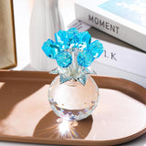 Crystal Lake Blue Rose Bouquet Figurine With Round Vase, Romantic Glass Rose Flower Gifts For Women Mom On Anniversary Birthday Christmas, Rose Collectible Figurine For Wedding Home Decorations