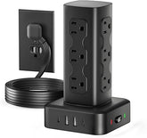 Power Strip Tower 12 Outlets 4 USB Ports 2 USB C 6FT Extension Cord Flat Plug Charging Station Black