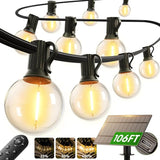 100FT Solar G40 String Lights 54 LED Shatterproof Bulbs with Remote USB Charging