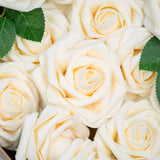 50Pcs Artificial Roses Flower Real Looking Foam Rose Fake Flowers With Stem & Leaves For Diy Wedding Bouquets Centerpieces Party Home Decorations (Cream)