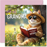 Grandma Birthday Card - Story Book Cat - Happy Birthday Card For Grandma From Grandson Granddaughter, 5.7 Inch Book Cat Bday Greeting Cards
