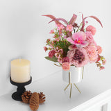Artificial Pink Carnation And Orchid Flower Arrangement In White Ceramic Vase With Gold Stand (Pink)