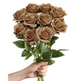 10Pcs Silk Roses Artificial Flowers Fake Long Stem Roses For Diy Wedding Bouquet Home Decoration (Coffee)