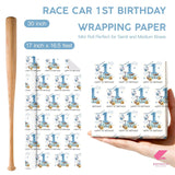 Racing Car 1St Birthday Wrapping Paper Roll - Mini Roll - 17 Inch X 16.5 Feet - Blue Happy 1St Birthday Race Car Wrapping Paper For Baby Boy, Kids Party, Baby Shower