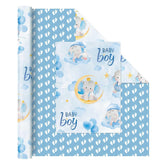 Baby Boy Wrapping Paper Roll - 1 Roll 17”X 33 Ft Blue Baby Elephant Wrapping Paper For Kids Birthday Gift Packing Supply Elephants And Footprints Design Paper For Baby Showerparty Favor, Reversible