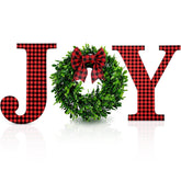 12 Inch Christmas Joy Home Sign - Wooden Wall Decor With Buffalo Plaid Hanging Letter And Faux Green Farmhouse Wreath - Large Indoor Outdoor Decoration With Plaid Bow (Red-Black)