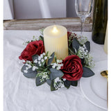 2 Pcs Artificial Rose Candle Rings Holder,Christmas Floral Wreaths With Eucalyptus Leaves Greenery Candle Rings For Pillar Candle Lantern Wedding Centerpiece Party Home Table Decor (Red)
