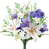 10 Pcs Spring Flowers Artificial Lilies Bouquet Fake Easter Cemetery Flowers Silk Flower Arrangements For Vase Home Table Centerpieces Wedding Indoor Grave Decorations (Pueple White)