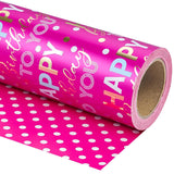 Reversible Birthday Wrapping Paper - Mini Roll - 17 Inch X 9.8 Feet - Hot Pink And Gold Foil Happy Birthday Wrapping Paper For Girls, Women, Kids, Baby Shower