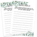 Bridal Shower Game Cards, Who Am I Game, Greenery Theme Engagement Party Cards For Wedding, Bridal Shower Decorations, Engagement Activities Ideas, Wedding Shower Party Game Card