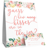 Guess How Many Kisses In The Jar Game - Bridal Shower, Wedding Brunch, Floral Birthday Party Idea (Sign With Cards)