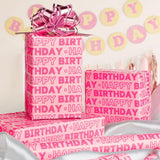Pink Birthday Wrapping Paper Mini Roll, 17 Inch X 19.7 Feet Happy Birthday Lettering Design Gift Wrap Paper For Bday Baby Shower Holiday Christmas Party Wrapping Supplies