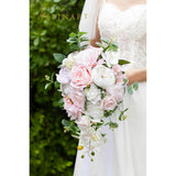 10 Inch Blush Wedding Bouquets For Bride Artificial Roses Flower Cascading Cascade Bridal Bouquet For Rustic Boho Fall Vintage Wedding Ceremony Party And Anniversary