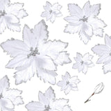24 Pcs Christmas Glitter Poinsettia Flowers Decorations 5.91 Inch 3.94 Inch Artificial Velvet Poinsettia With Clips, Poinsettia Christmas Tree Ornaments For Xmas Party Decor(White)