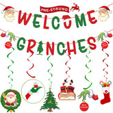 Christmas Decorations – Glittery Welcome Grinches Banner, Hanging Swirls With Xmas Ornaments For Christmas Party Decor