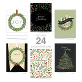 Farmhouse Style Holiday Card Pack / 24 Modern Magnolia Wreath Christmas Note Cards With White Envelopes / 6 Illustrated Holiday Designs / 4 5/8" X 6 1/4" Seasonal Greeting Cards