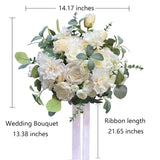 White Bridal Wedding Bouquet, Artificial Flowers Bridal Cascading Bouquets For Boho Rustic Wedding And Wedding Ceremony, Anniversary