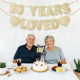 80Th Birthday Decorations For Men Women, Gold Glitter 80Th Birthday Banner With Cake Topper 80 Years Loved Banner 80 B-Day Party Decorations