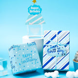 Reversible Blue Birthday Wrapping Paper Roll For Boys Men, Happy Birthday Lettering & Stripe Pattern With Metallic Foil In Blue, Mini Roll, 17 Inches X 9.8 Feet