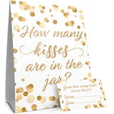 How Many Kisses In The Jar Game - White And Gold (1Sign With 30 Guessing Cards) - Bridal Shower, 50Th Wedding Anniversary, Birthday Party Game