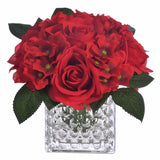 Fule Artificial Silk Rose Flower Centerpiece Arrangement In Glass Vase With Led Light For Home Wedding Decoration (Red)