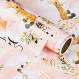 Baby Girl Wrapping Paper Roll - Mini Roll - 17 Inch X 16.5 Feet - Gold Foil Cute Giraffe Design For Kids Girls Baby Shower, Birthday