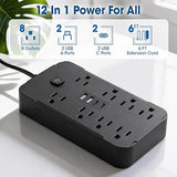 10FT Surge Protector Power Strip 8 Outlets 4 USB Ports 2 USB C Flat Plug Black