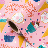 Birthday Wrapping Paper Roll - Mini Roll - 17 Inch X 33 Feet - Gold Foil Icecream Pink Happy Birthday Wrapping Paper For Kids Girls Celebration, Party, Baby Shower